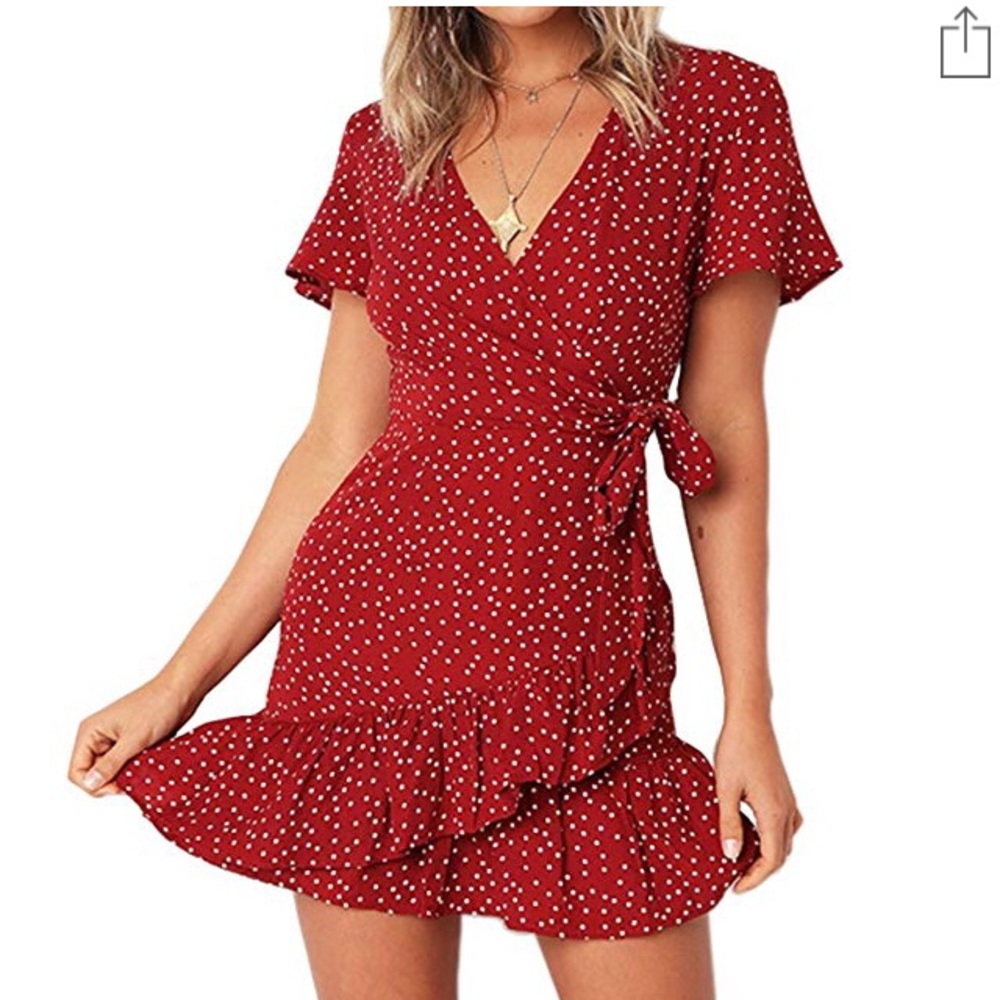 Short Sleeve Red Polka Dot Wrap Mini Dress